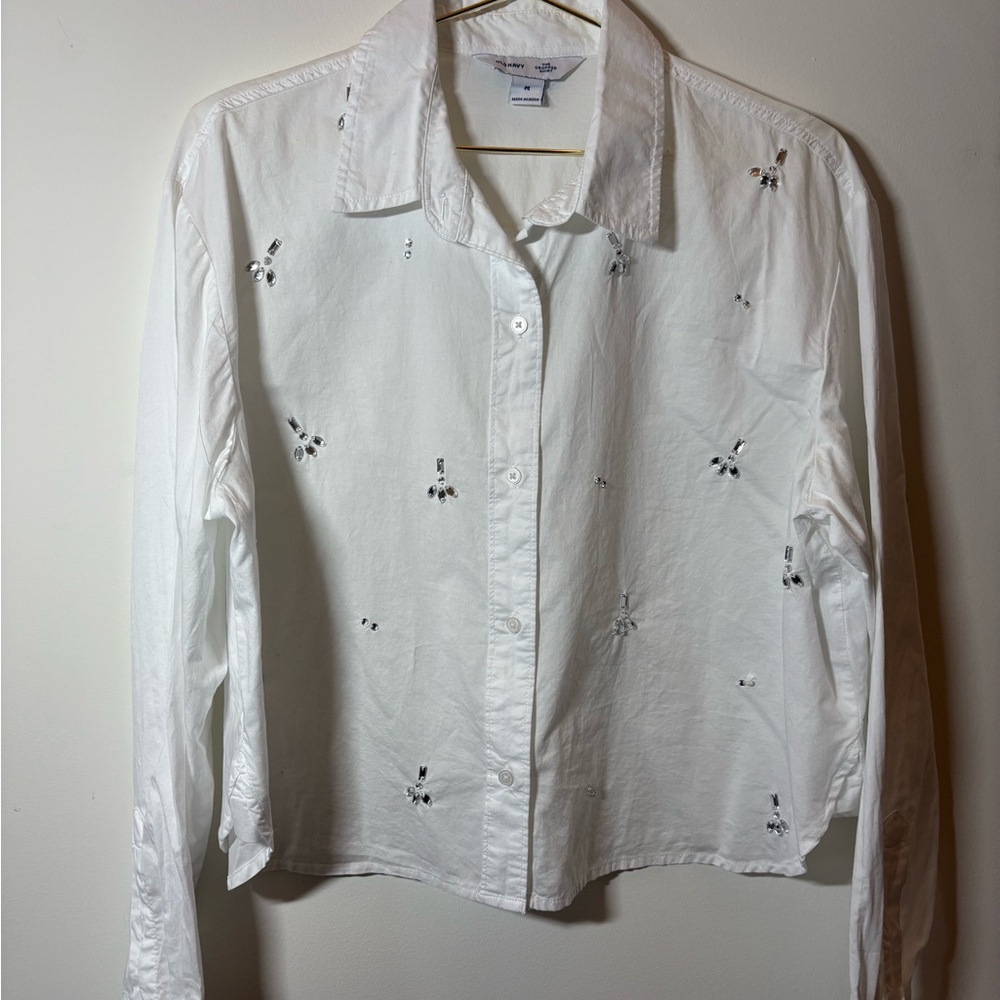 Old Navy White Button-Up Shirt with Subtle Black Bead Embellishments